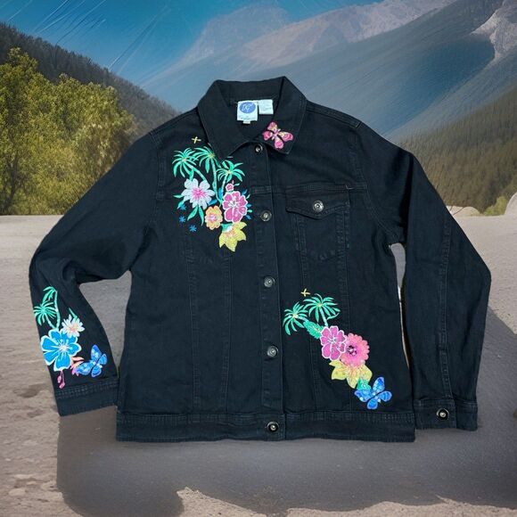 Y2K DG2 by Diane Gilman DenimJacket M Embroidered FloralTropical Bright Cottage - Picture 2 of 6
